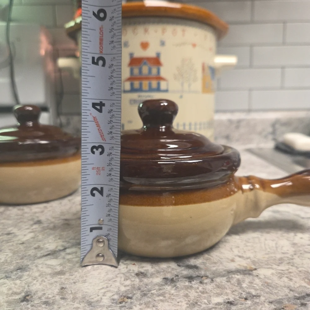 Two Stoneware Ceramic Soup Bowls With Handles And Lids - Vintage
